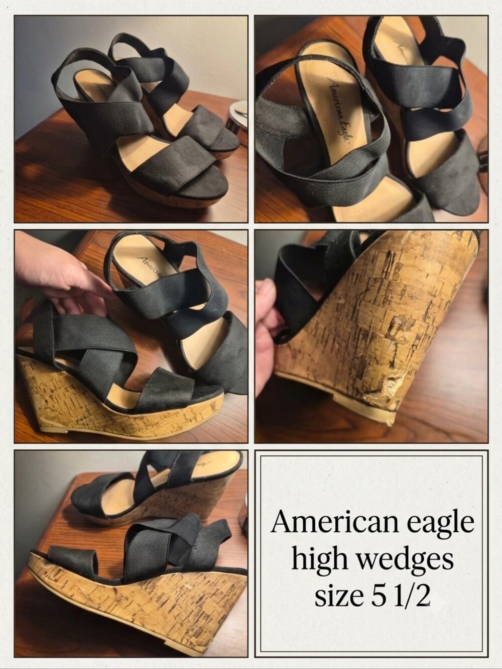 American Eagle Outfitters Black Crisscross Cork Wedge Sandals